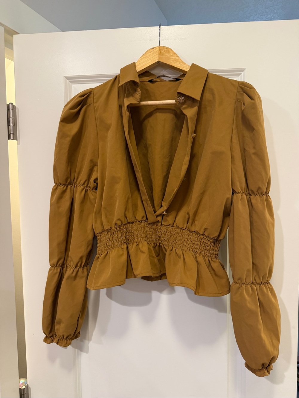 Zara Brown Puff-Sleeve Smocked Peplum Blouse